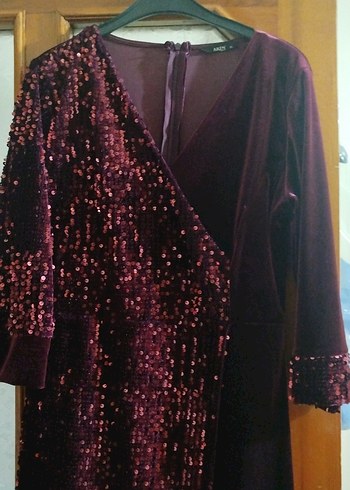 Bordo payetli uzun Kollu Abiye Elbise - Görsel 2