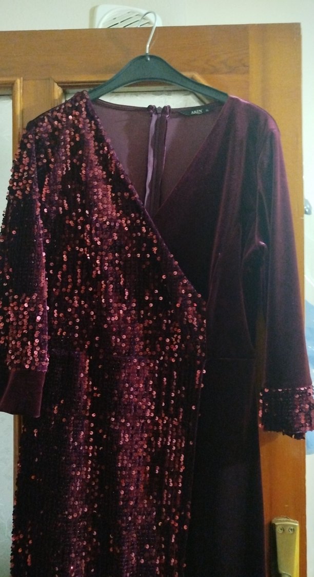 Bordo payetli uzun Kollu Abiye Elbise - Görsel 2