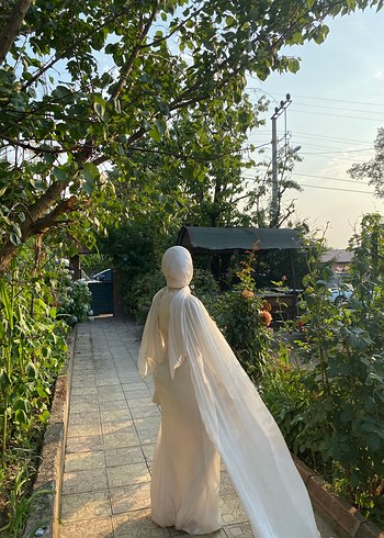 Uzun Kol Drapeli krem janjan kumaş abiye ve şal dahil - Görsel 3