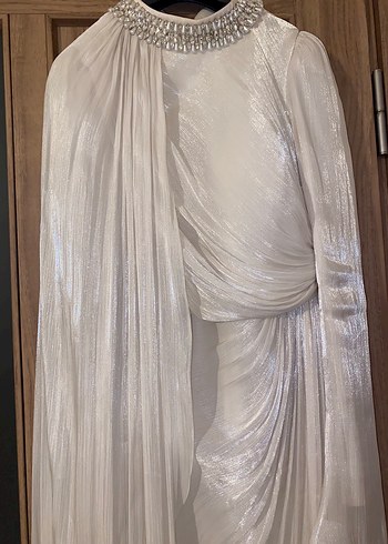 Uzun Kol Drapeli krem janjan kumaş abiye ve şal dahil - Görsel 5