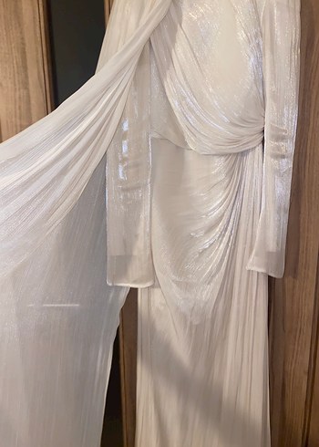 Uzun Kol Drapeli krem janjan kumaş abiye ve şal dahil - Görsel 7