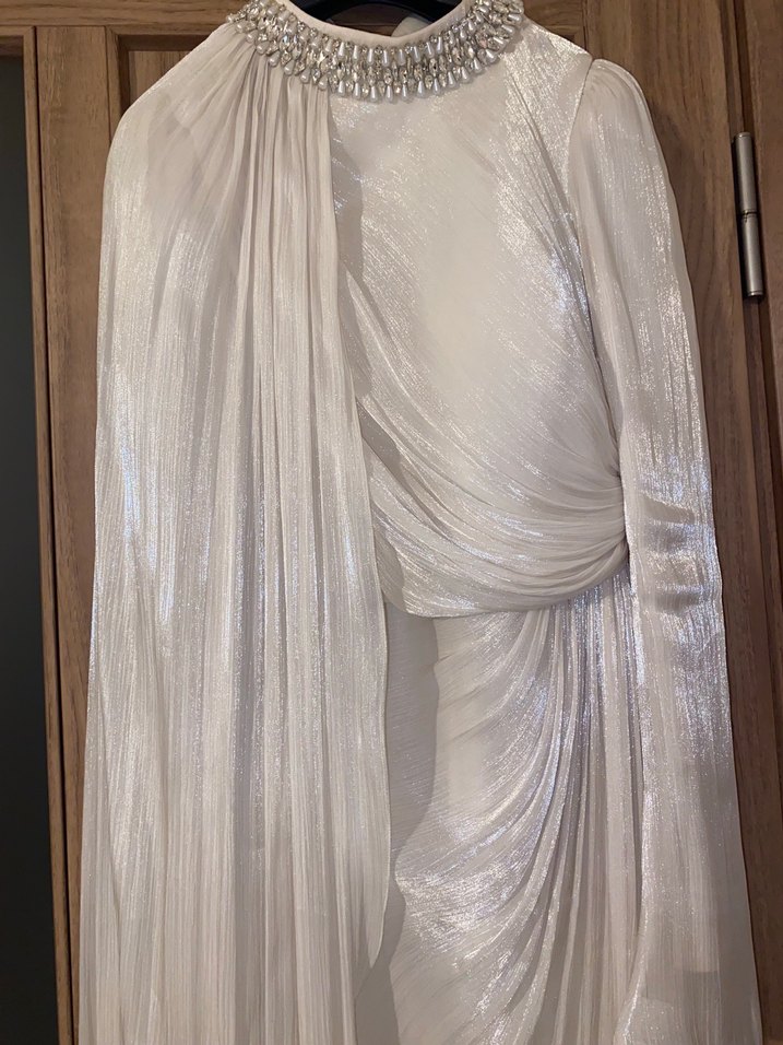 Uzun Kol Drapeli krem janjan kumaş abiye ve şal dahil - Görsel 5