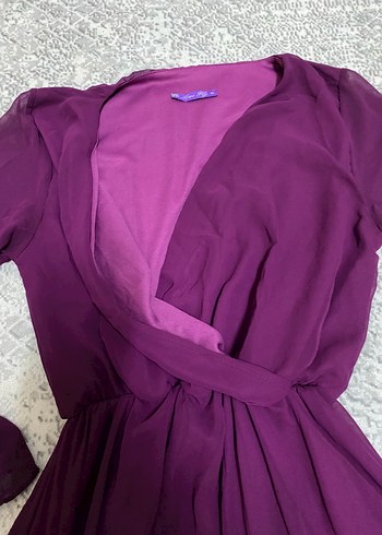 V Yaka Şifon Mor Midi Elbise - Görsel 3