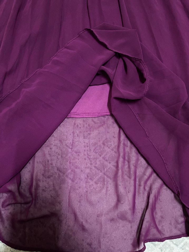 V Yaka Şifon Mor Midi Elbise - Görsel 4