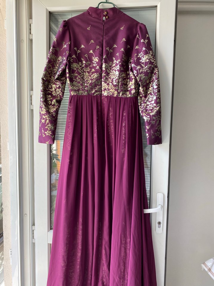 Uzun Mor İşlemeli Kadın Abiye Elbise - Görsel 2