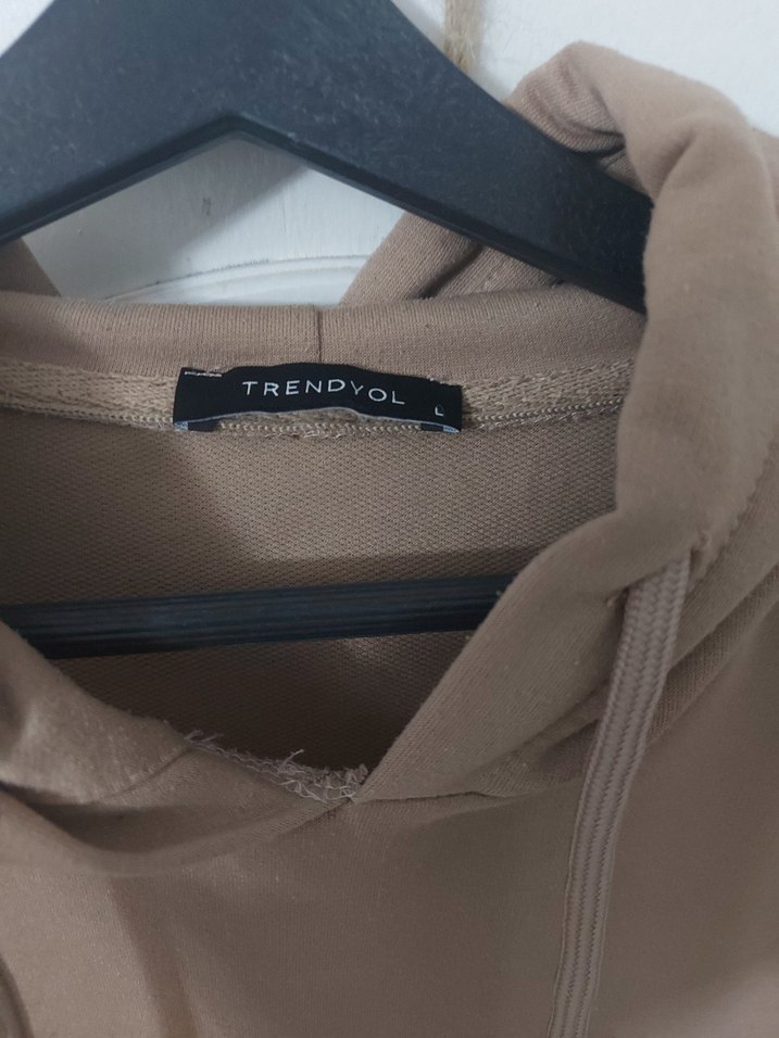 Kapüşonlu Uzun Bej Salaş Elbise - Görsel 3