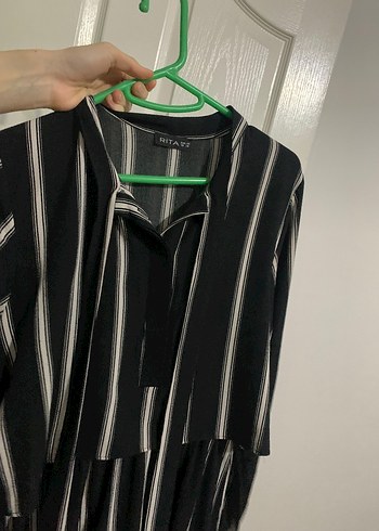 Siyah Çizgili Uzun Pliseli Kadın Elbise - Görsel 2