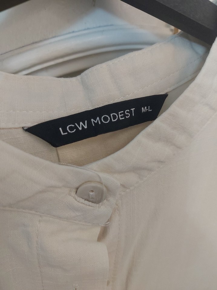 Beyaz Uzun Kollu Keten Midi Gömlek - Görsel 2