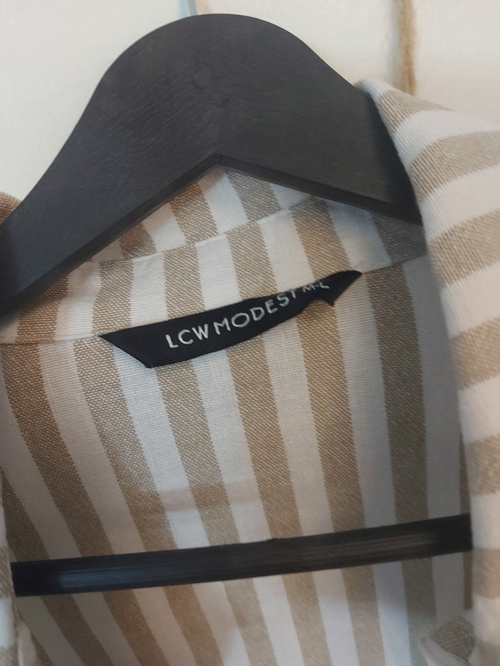 Bej Çizgili Uzun Kollu Kadın Gömlek - Görsel 2