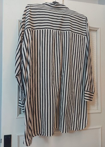 Gri Çizgili Uzun Kollu Kadın Keten Gömlek - Görsel 2