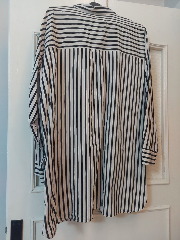 Gri Çizgili Uzun Kollu Kadın Keten Gömlek - Görsel 2