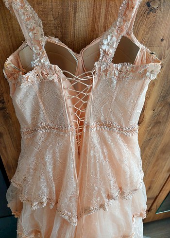 İnce İşlemeli Dantel Detaylı Uzun Bej Elbise - Görsel 3