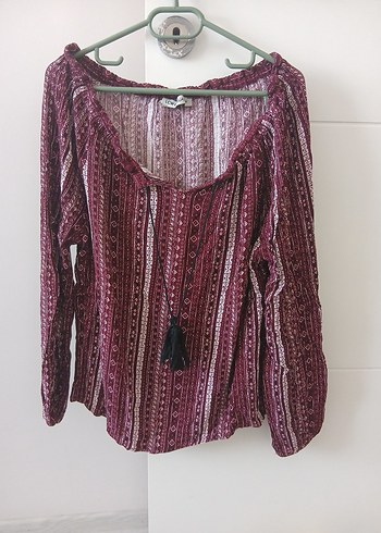 lcw medium Bordo Püsküllü Bohem Uzun Kollu Bluz