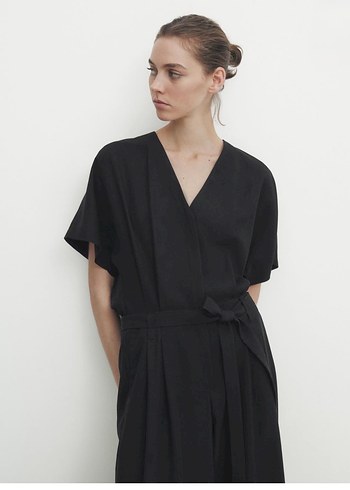 Massimo Dutti V Yakalı Keten Midi Tulum - Görsel 2