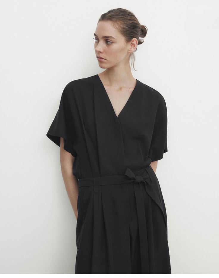 Massimo Dutti V Yakalı Keten Midi Tulum - Görsel 2