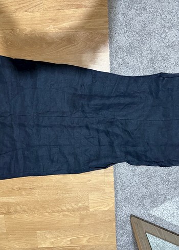 Massimo Dutti Lacivert Uzun Kolsuz Keten Elbise - Görsel 4