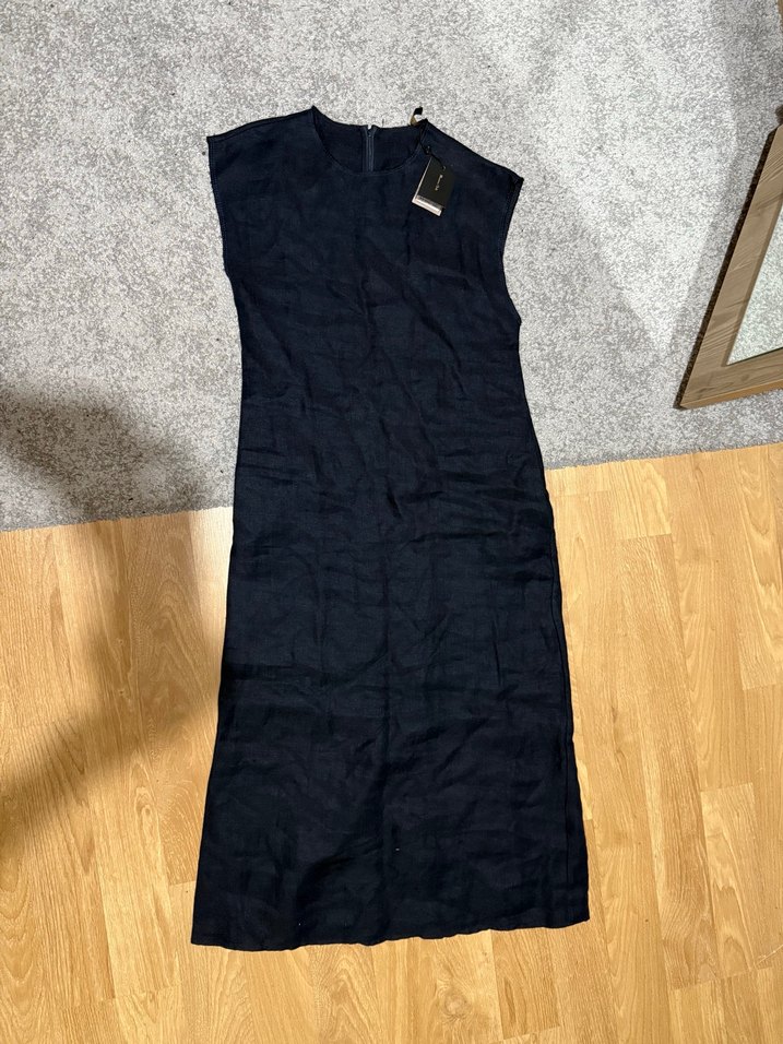 Massimo Dutti Lacivert Uzun Kolsuz Keten Elbise - Görsel 3