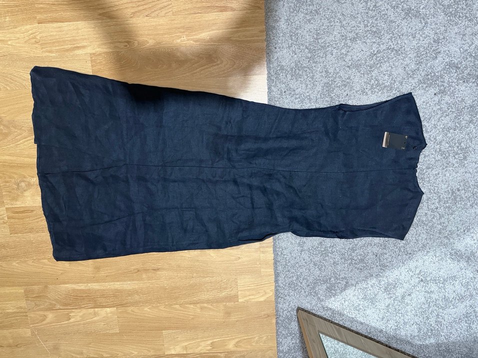 Massimo Dutti Lacivert Uzun Kolsuz Keten Elbise - Görsel 4