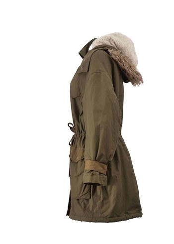 H&M Kadın Haki Kürklü Rahat Midi Ceket - Görsel 2