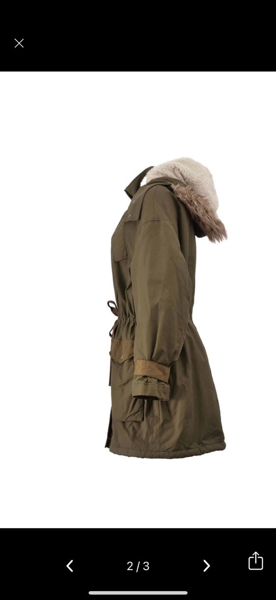 H&M Kadın Haki Kürklü Rahat Midi Ceket - Görsel 2