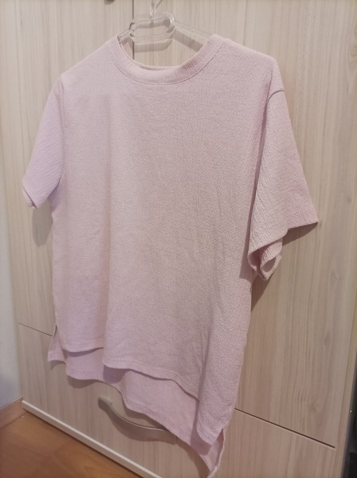 Pembe Keten Kısa Kollu Basic Tişört - Görsel 2