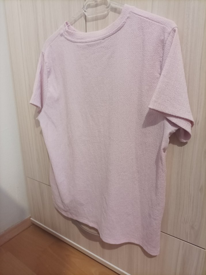 Pembe Keten Kısa Kollu Basic Tişört - Görsel 3