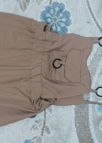 Bej Kadın Belden Kemerli Geniş tulum - Görsel 2