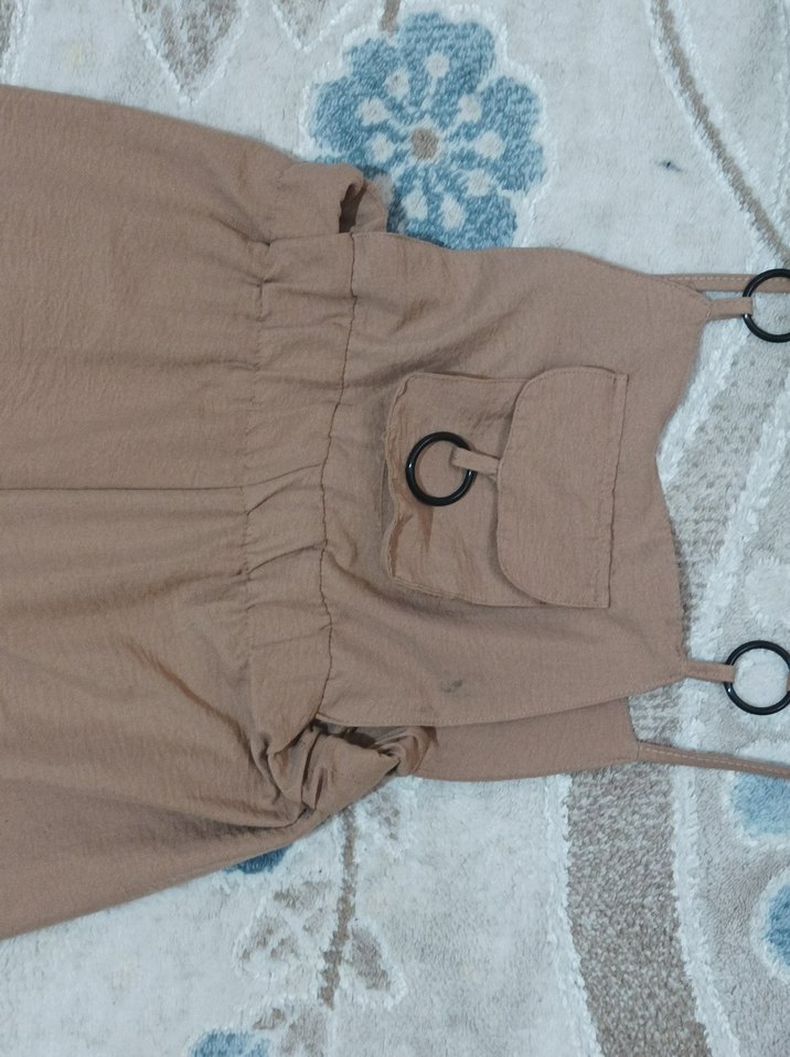 Bej Kadın Belden Kemerli Geniş tulum - Görsel 2