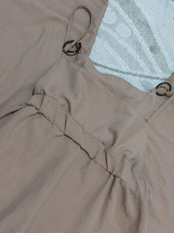 Bej Kadın Belden Kemerli Geniş tulum - Görsel 5