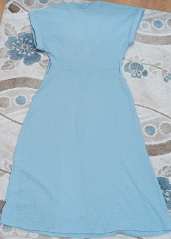 Mavi Keten V Yaka Uzun Bohem Elbise - Görsel 3