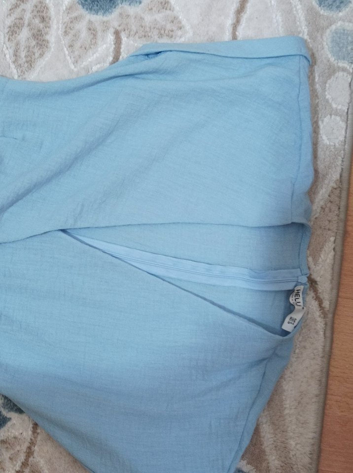 Mavi Keten V Yaka Uzun Bohem Elbise - Görsel 2