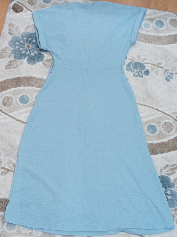 Mavi Keten V Yaka Uzun Bohem Elbise - Görsel 3