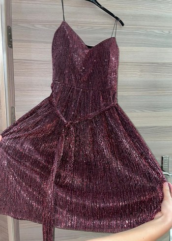 Bordo Pilili Mini Abiye Elbise