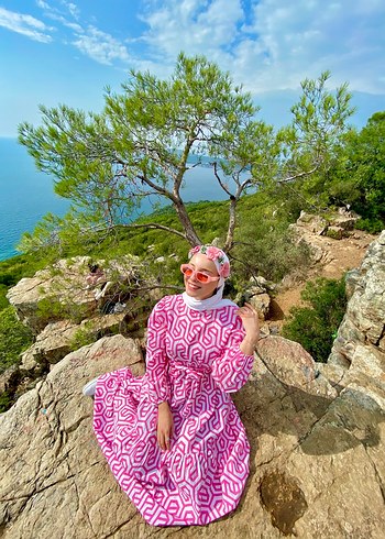 Pembe Desenli Uzun Bohem Elbise