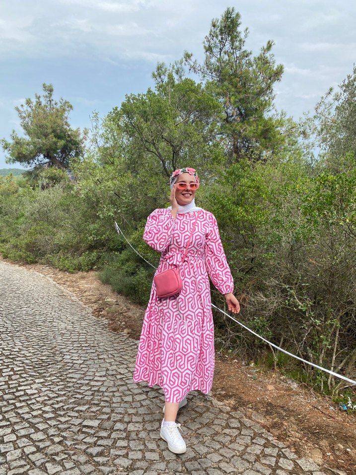 Pembe Desenli Uzun Bohem Elbise - Görsel 2