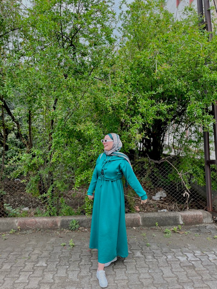 Yeşil Drapeli Uzun Salaş Elbise - Görsel 5