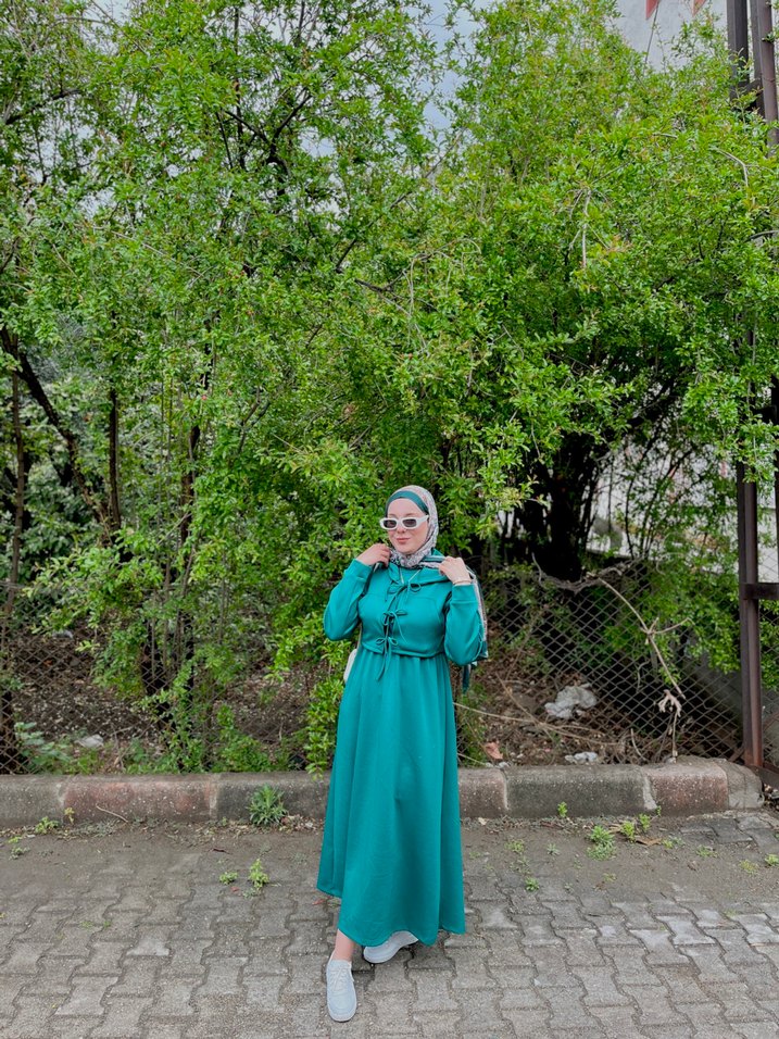 Yeşil Drapeli Uzun Salaş Elbise - Görsel 4