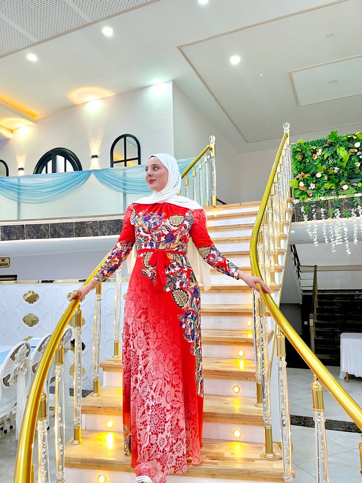 Uzun Kol, Yüksek Yakalı Renkli Etnik Desenli Kadın Elbise - Görsel 5