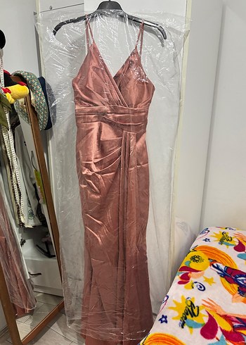 Saten Bej Uzun Yırtmaçlı Abiye Elbise - Görsel 8