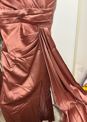 Saten Bej Uzun Yırtmaçlı Abiye Elbise - Görsel 5