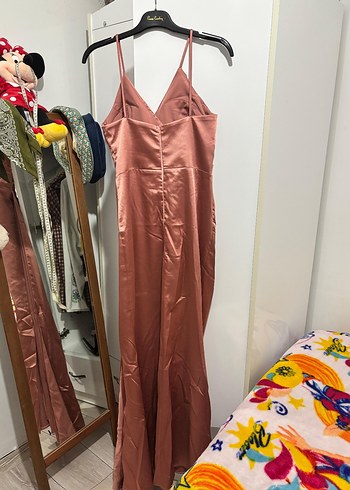 Saten Bej Uzun Yırtmaçlı Abiye Elbise - Görsel 7