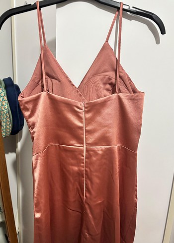 Saten Bej Uzun Yırtmaçlı Abiye Elbise - Görsel 6