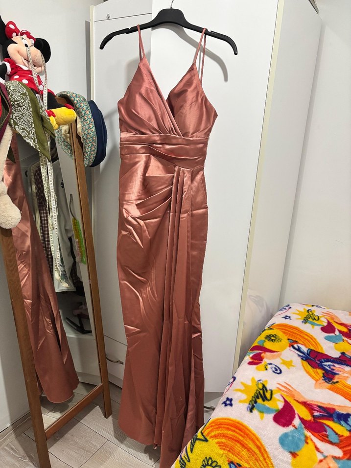 Saten Bej Uzun Yırtmaçlı Abiye Elbise - Görsel 3