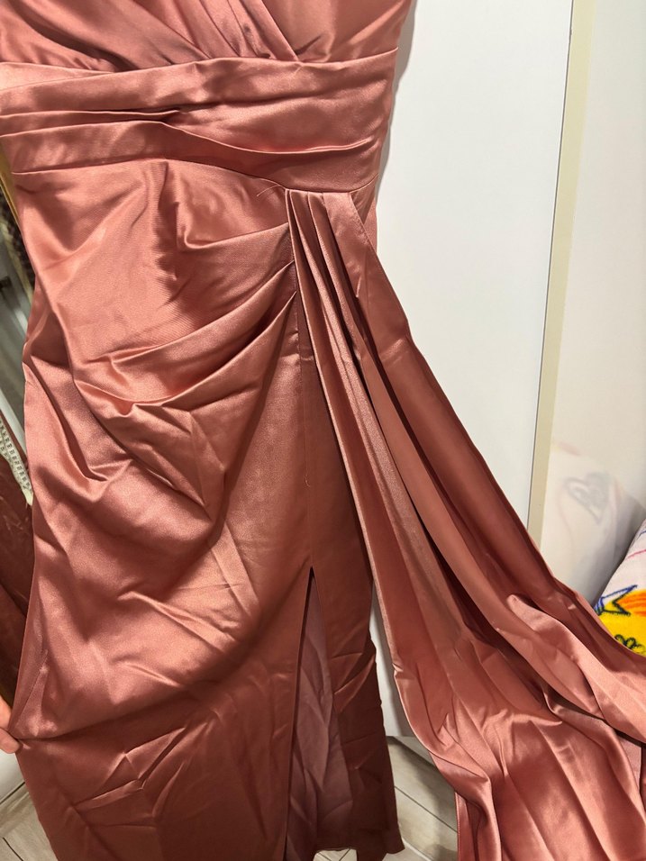 Saten Bej Uzun Yırtmaçlı Abiye Elbise - Görsel 5