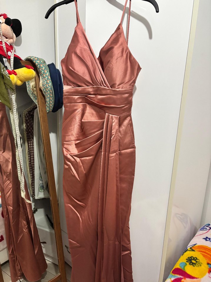 Saten Bej Uzun Yırtmaçlı Abiye Elbise - Görsel 4