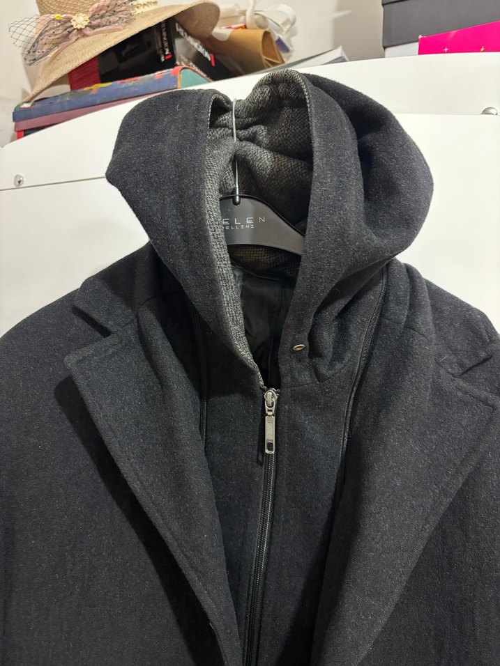 Gri Erkek Kapüşonlu Midi Kaban - Görsel 2