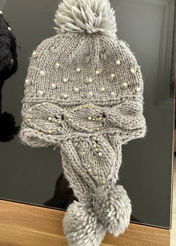 İnci Detaylı Gri Örgü Kadın Bere - Görsel 2