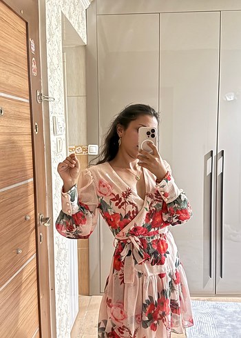 s Beden Pembe Şifon Mini Bohem elbise