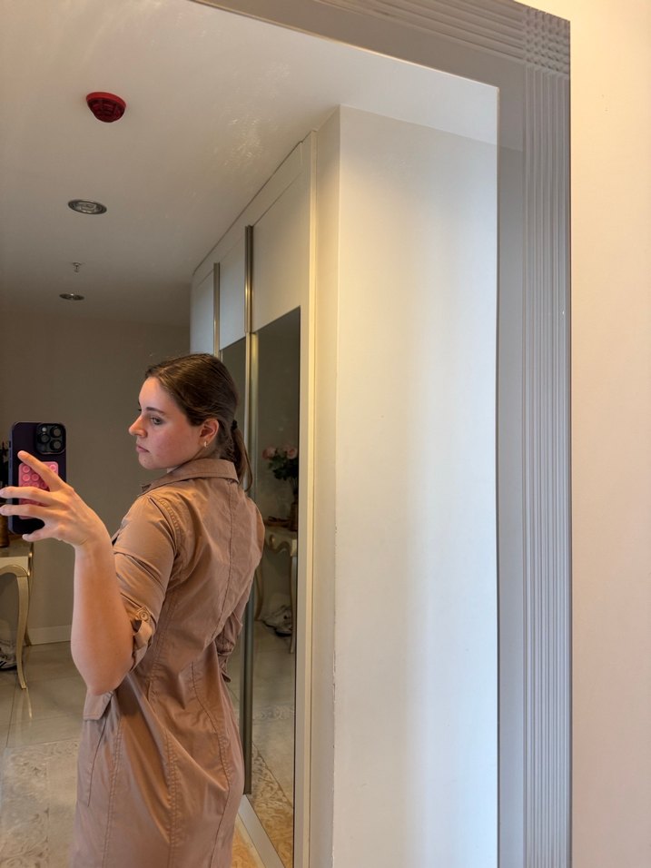 Bej Midi Kolay Şıklık Kadın Elbise - Görsel 4