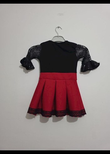 Kız Çocuk Siyah Kırmızı Dantel Kollu Elbise - Görsel 3